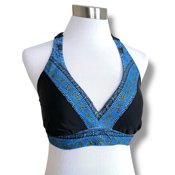 Athleta Womens Bikini Top Sz 32D 32DD Black Blue Boho Halter Underwire Swimsuit - Picture 1 of 5